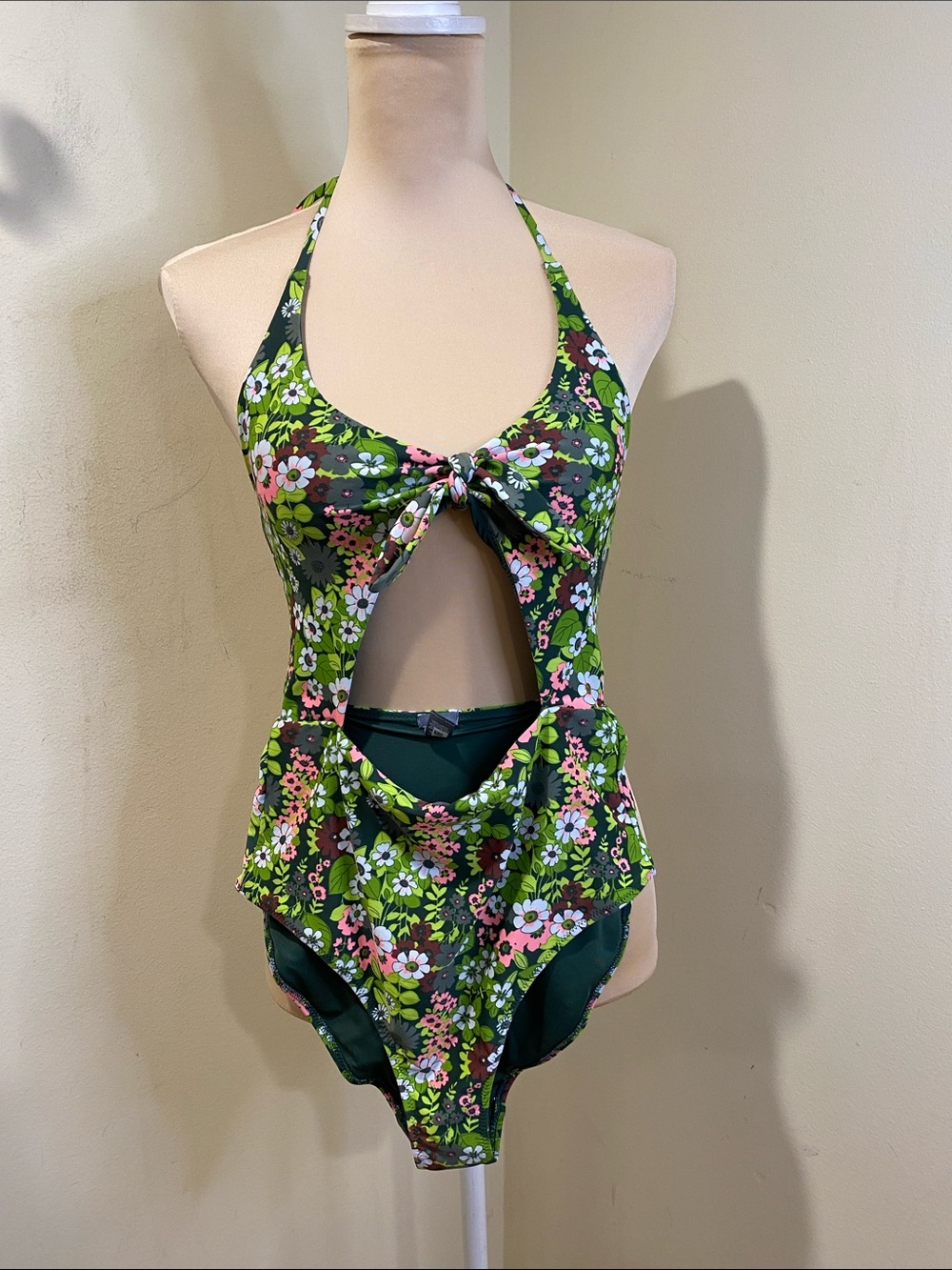aerie Green Floral One-Piece Swimsuit with Pink and White Flowers Sz S